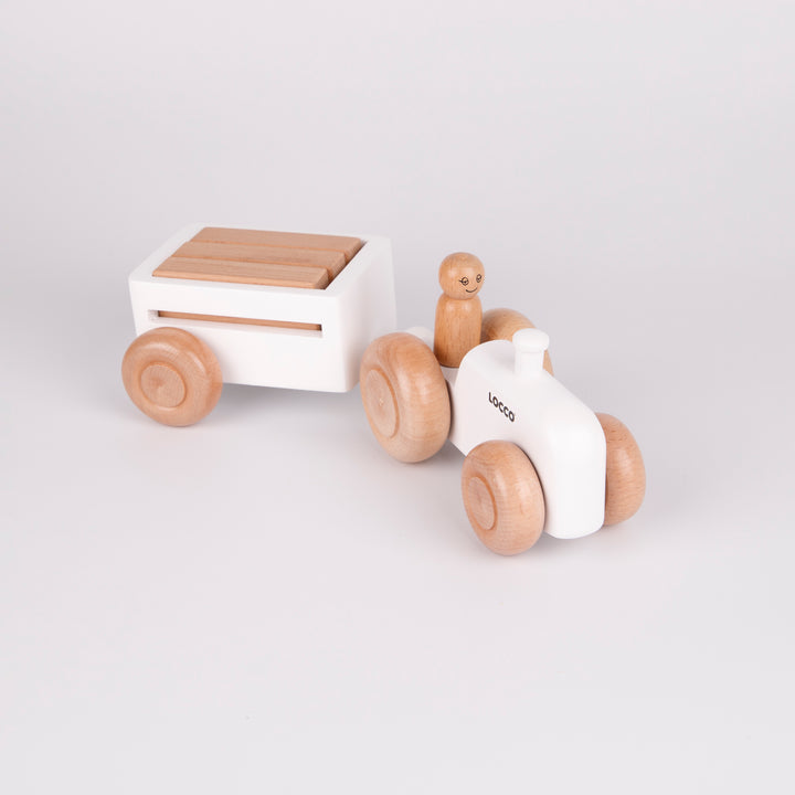 Beyaz Retro Ahşap Traktör Oyuncağı, El Yapımı, 25,5 cm