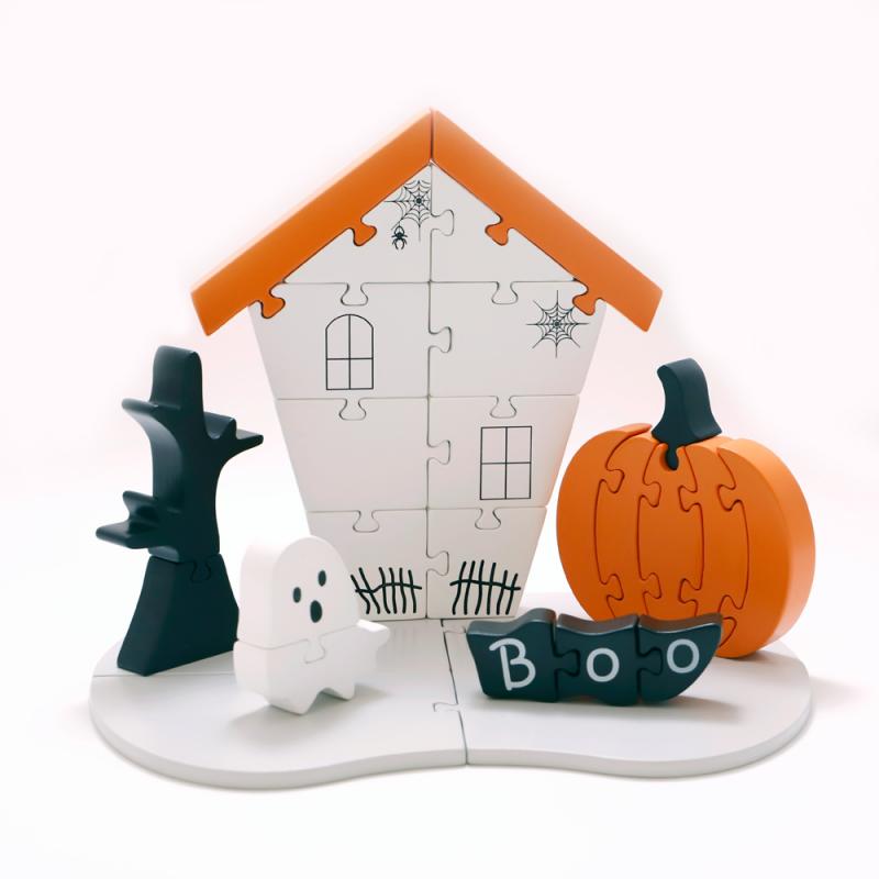 Montessori temalı ahşap Cadılar Bayramı yapboz seti - Çocuklar için eğitici ve eğlenceli.