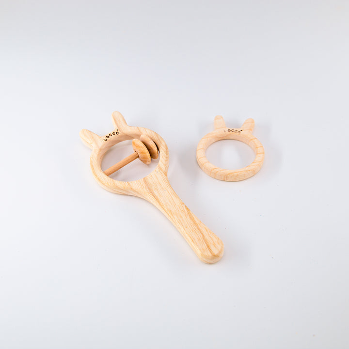 Naturel Ahşap Tavşan Dişlik Seti, El Yapımı, 19 cm