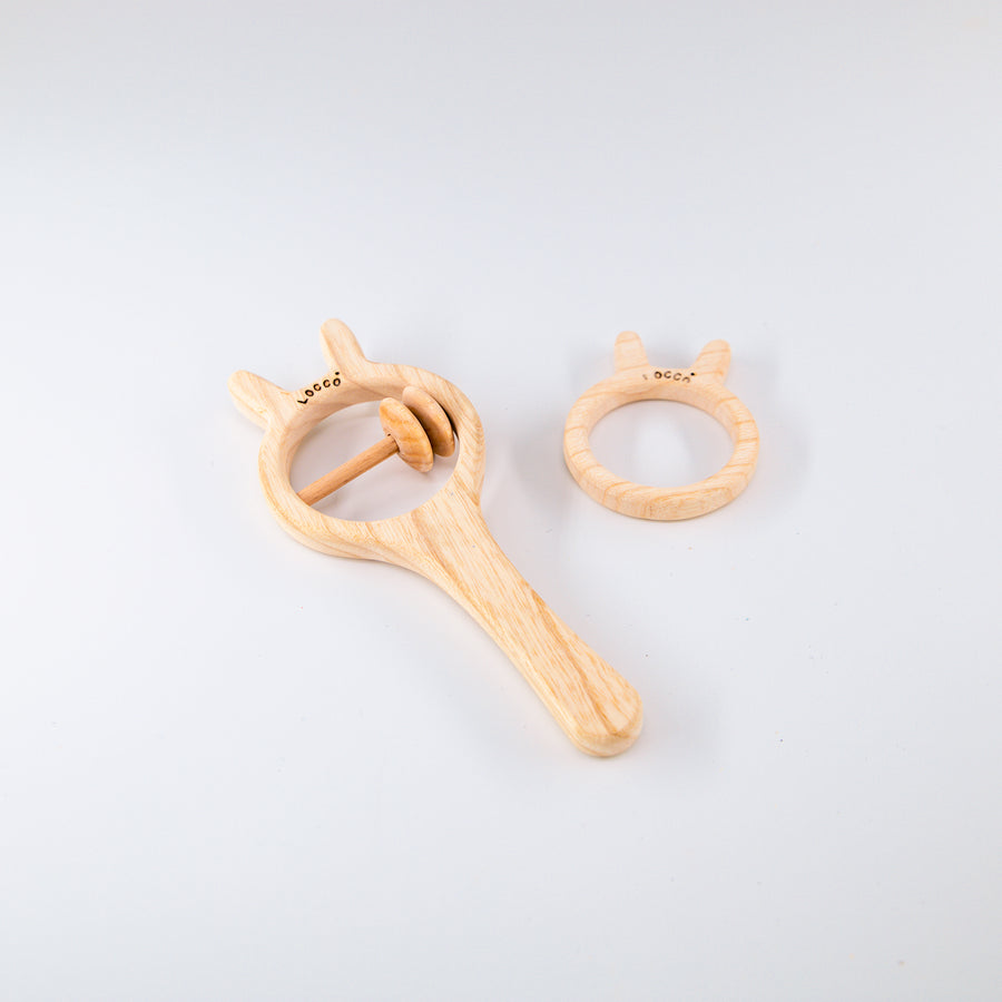 Naturel Ahşap Tavşan Dişlik Seti, El Yapımı, 19 cm